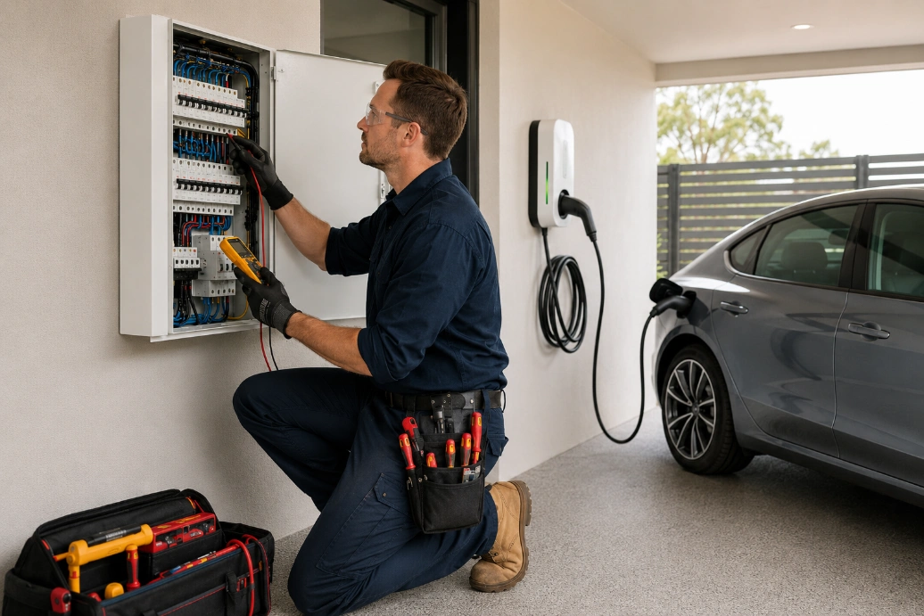 Electrical work at a switchboard beside an EV charger